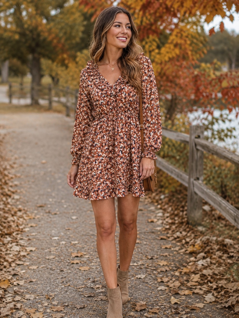 Umgee Rust Floral Smocked Waist Mini Dress